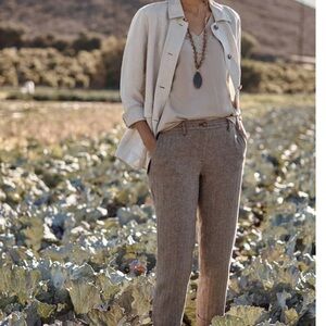 J.JILL LINEN & COTTON HERRINGBONE PANTS IN COFFEE MULTI NEW 10